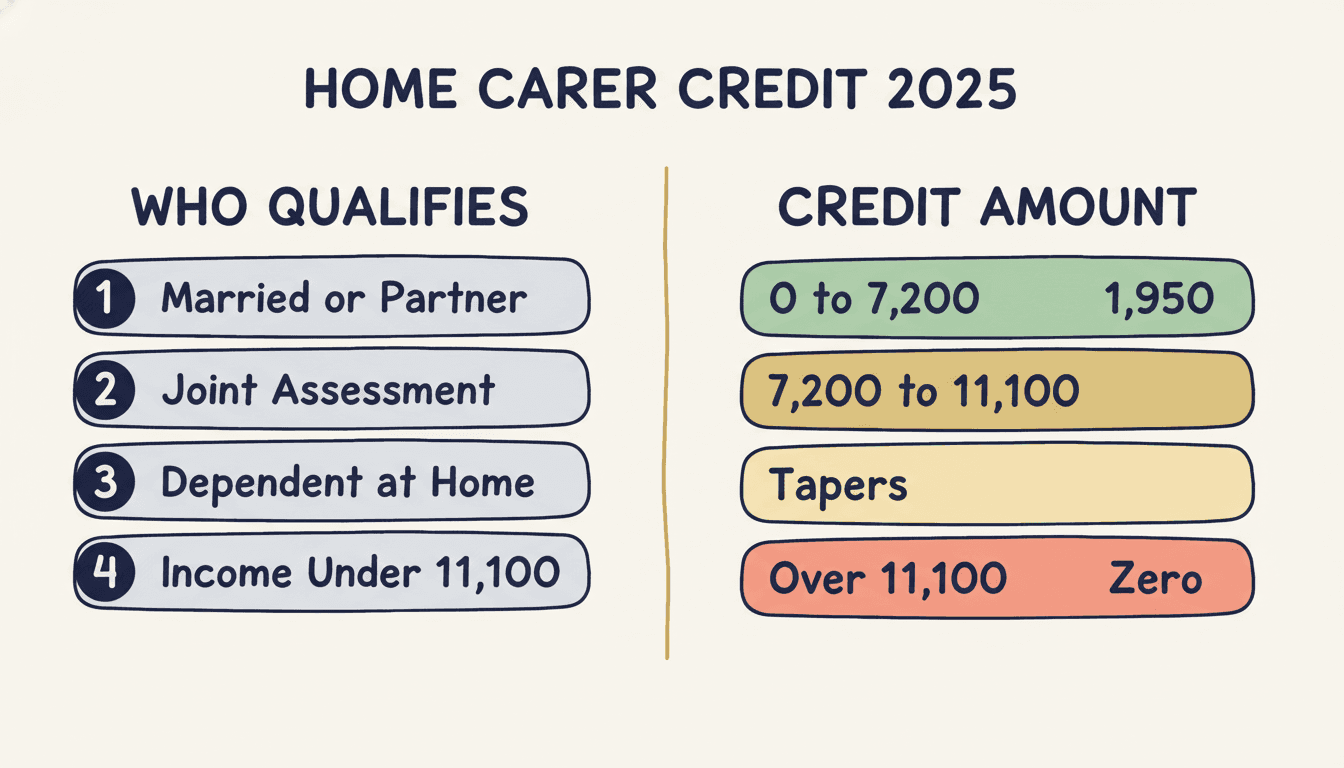 Home Carer Tax Credit Ireland 2025: 4 eligibility conditions and credit tapering from €1,950 at €7,200 income to nil at €11,100